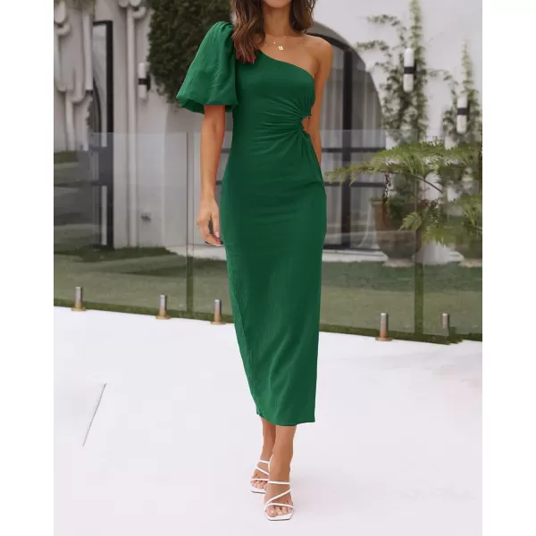 imageBTFBM Women Casual One Shoulder Maxi Dress Puff Short Sleeve Cutout Split Party Wedding Guest 2023 Summer Beach DressesSolid Green