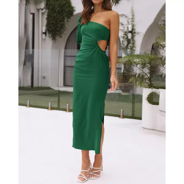 imageBTFBM Women Casual One Shoulder Maxi Dress Puff Short Sleeve Cutout Split Party Wedding Guest 2023 Summer Beach DressesSolid Green