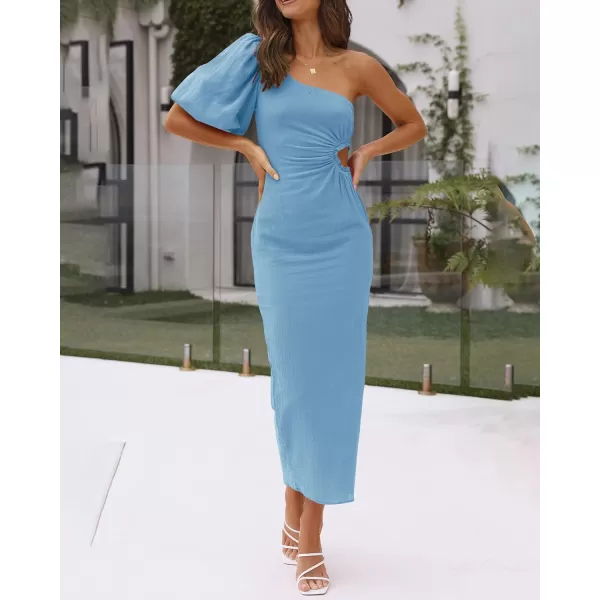 imageBTFBM Women Casual One Shoulder Maxi Dress Puff Short Sleeve Cutout Split Party Wedding Guest 2023 Summer Beach DressesSolid Light Blue