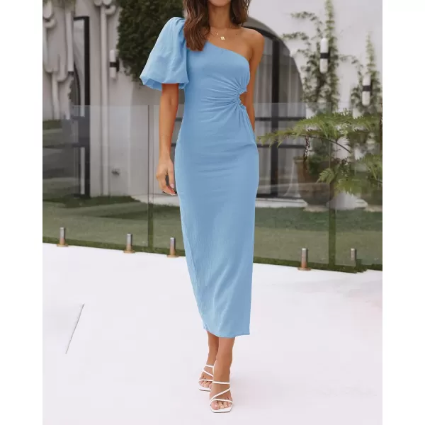 imageBTFBM Women Casual One Shoulder Maxi Dress Puff Short Sleeve Cutout Split Party Wedding Guest 2023 Summer Beach DressesSolid Light Blue