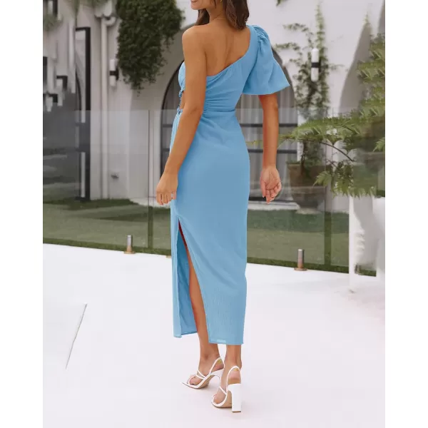 imageBTFBM Women Casual One Shoulder Maxi Dress Puff Short Sleeve Cutout Split Party Wedding Guest 2023 Summer Beach DressesSolid Light Blue