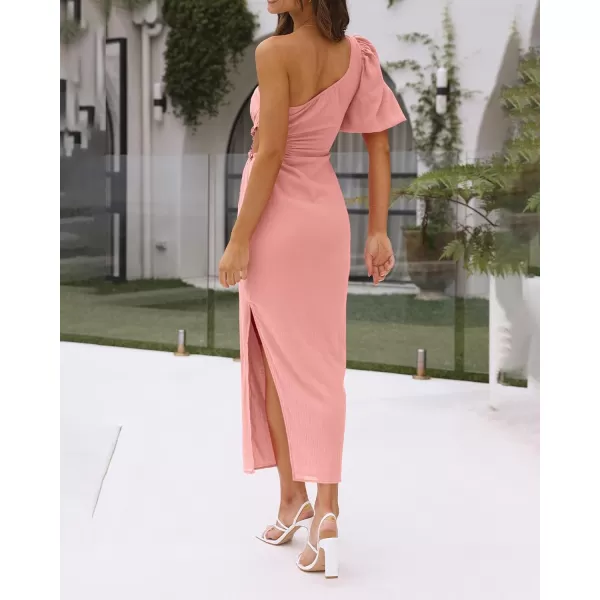 imageBTFBM Women Casual One Shoulder Maxi Dress Puff Short Sleeve Cutout Split Party Wedding Guest 2023 Summer Beach DressesSolid Pink