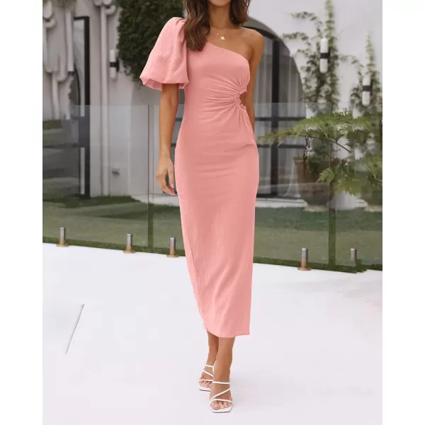 imageBTFBM Women Casual One Shoulder Maxi Dress Puff Short Sleeve Cutout Split Party Wedding Guest 2023 Summer Beach DressesSolid Pink