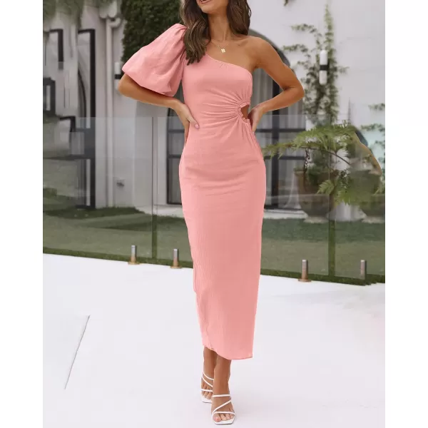 imageBTFBM Women Casual One Shoulder Maxi Dress Puff Short Sleeve Cutout Split Party Wedding Guest 2023 Summer Beach DressesSolid Pink