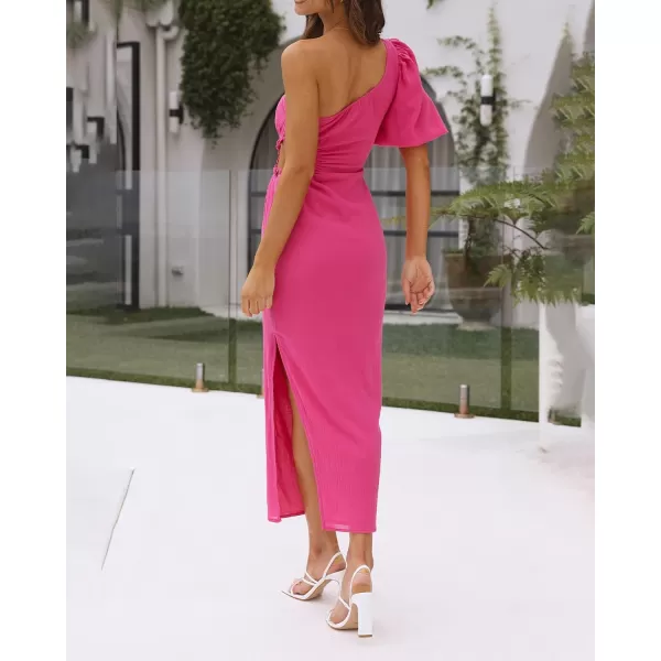 imageBTFBM Women Casual One Shoulder Maxi Dress Puff Short Sleeve Cutout Split Party Wedding Guest 2023 Summer Beach DressesSolid Rose Red