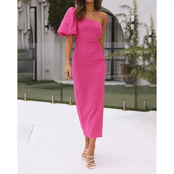 imageBTFBM Women Casual One Shoulder Maxi Dress Puff Short Sleeve Cutout Split Party Wedding Guest 2023 Summer Beach DressesSolid Rose Red