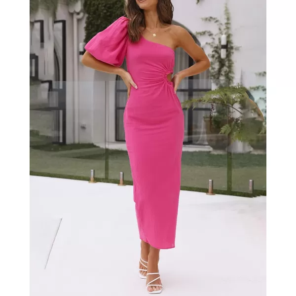 imageBTFBM Women Casual One Shoulder Maxi Dress Puff Short Sleeve Cutout Split Party Wedding Guest 2023 Summer Beach DressesSolid Rose Red