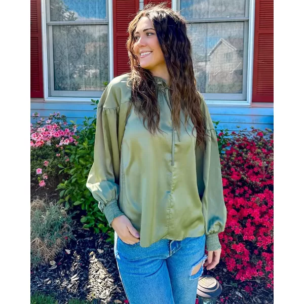 imageBTFBM Women Casual Satin Blouse Shirts Tie V Neck Long Lantern Sleeve Loose Lightweight Fashion 2023 Summer Spring TopsSolid Army Green
