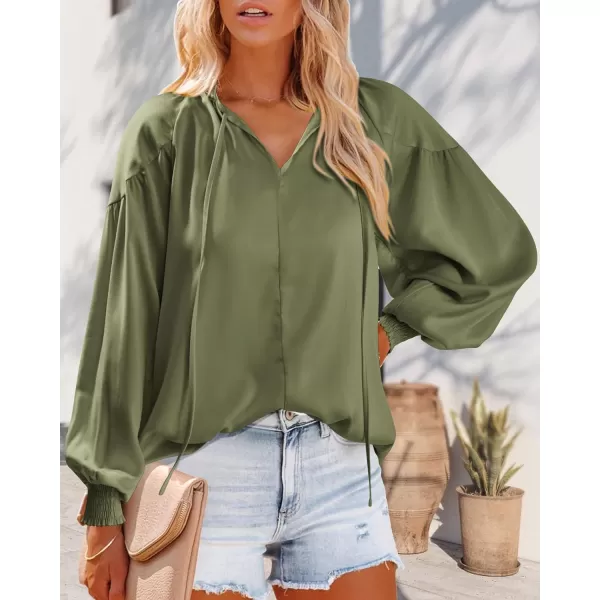 imageBTFBM Women Casual Satin Blouse Shirts Tie V Neck Long Lantern Sleeve Loose Lightweight Fashion 2023 Summer Spring TopsSolid Army Green
