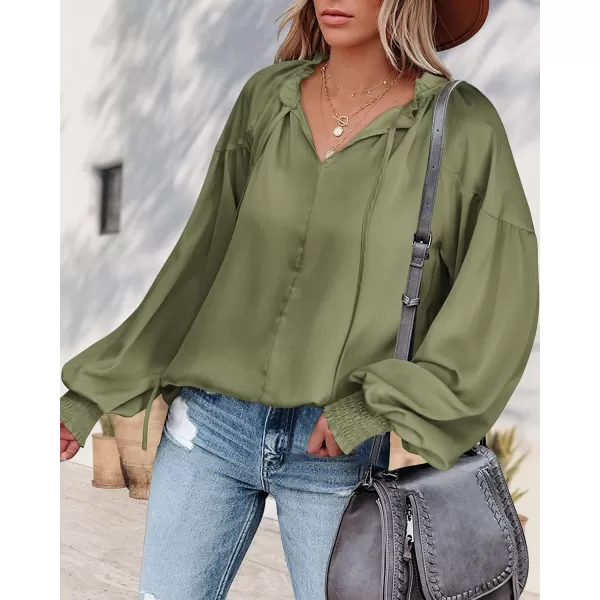 imageBTFBM Women Casual Satin Blouse Shirts Tie V Neck Long Lantern Sleeve Loose Lightweight Fashion 2023 Summer Spring TopsSolid Army Green