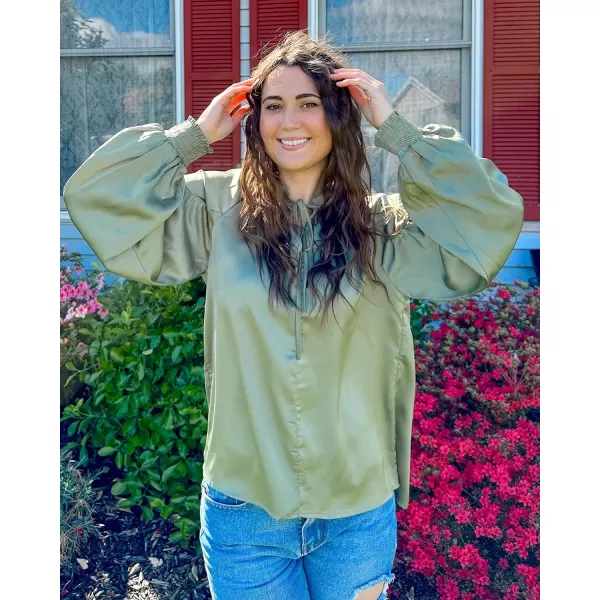 imageBTFBM Women Casual Satin Blouse Shirts Tie V Neck Long Lantern Sleeve Loose Lightweight Fashion 2023 Summer Spring TopsSolid Army Green