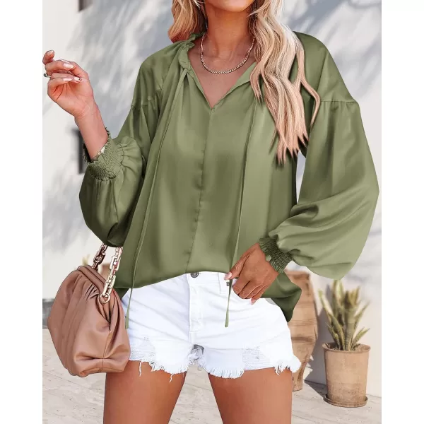 imageBTFBM Women Casual Satin Blouse Shirts Tie V Neck Long Lantern Sleeve Loose Lightweight Fashion 2023 Summer Spring TopsSolid Army Green