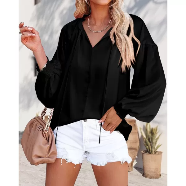 imageBTFBM Women Casual Satin Blouse Shirts Tie V Neck Long Lantern Sleeve Loose Lightweight Fashion 2023 Summer Spring TopsSolid Black