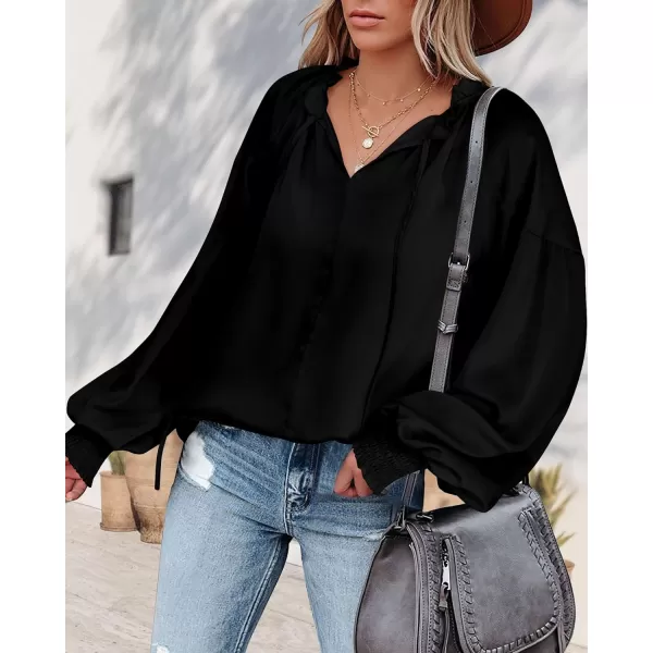 imageBTFBM Women Casual Satin Blouse Shirts Tie V Neck Long Lantern Sleeve Loose Lightweight Fashion 2023 Summer Spring TopsSolid Black