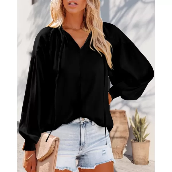 imageBTFBM Women Casual Satin Blouse Shirts Tie V Neck Long Lantern Sleeve Loose Lightweight Fashion 2023 Summer Spring TopsSolid Black
