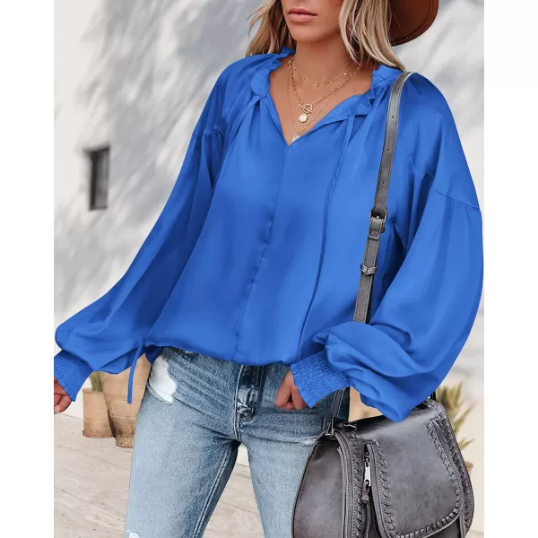 imageBTFBM Women Casual Satin Blouse Shirts Tie V Neck Long Lantern Sleeve Loose Lightweight Fashion 2023 Summer Spring TopsSolid Blue