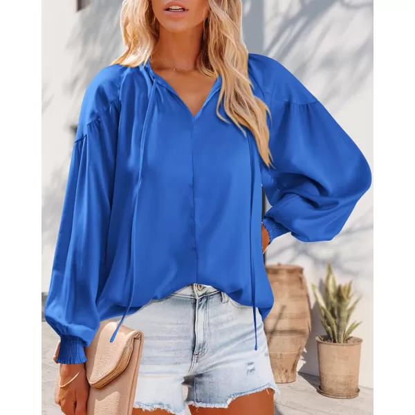 imageBTFBM Women Casual Satin Blouse Shirts Tie V Neck Long Lantern Sleeve Loose Lightweight Fashion 2023 Summer Spring TopsSolid Blue