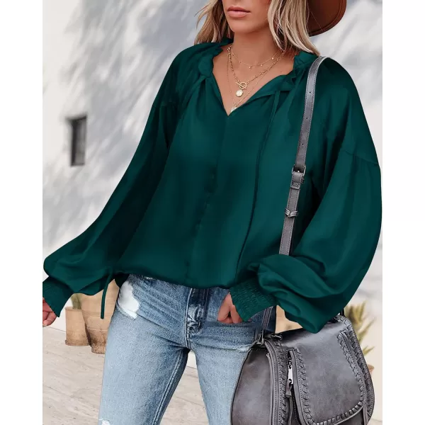 imageBTFBM Women Casual Satin Blouse Shirts Tie V Neck Long Lantern Sleeve Loose Lightweight Fashion 2023 Summer Spring TopsSolid Dark Green