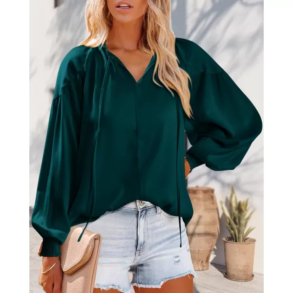 imageBTFBM Women Casual Satin Blouse Shirts Tie V Neck Long Lantern Sleeve Loose Lightweight Fashion 2023 Summer Spring TopsSolid Dark Green