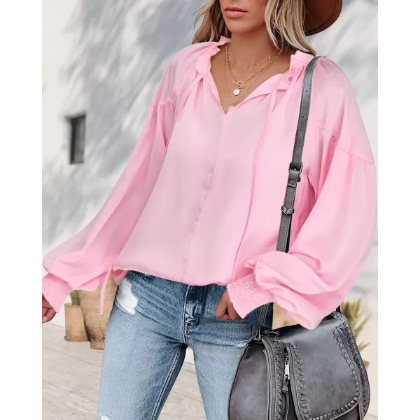 imageBTFBM Women Casual Satin Blouse Shirts Tie V Neck Long Lantern Sleeve Loose Lightweight Fashion 2023 Summer Spring TopsSolid Pink