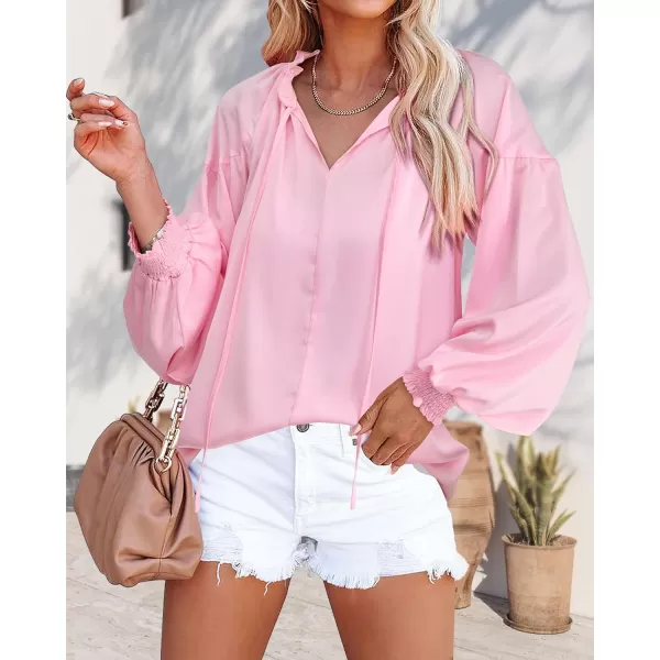 imageBTFBM Women Casual Satin Blouse Shirts Tie V Neck Long Lantern Sleeve Loose Lightweight Fashion 2023 Summer Spring TopsSolid Pink