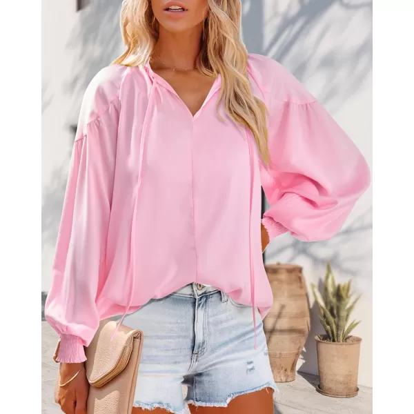 imageBTFBM Women Casual Satin Blouse Shirts Tie V Neck Long Lantern Sleeve Loose Lightweight Fashion 2023 Summer Spring TopsSolid Pink