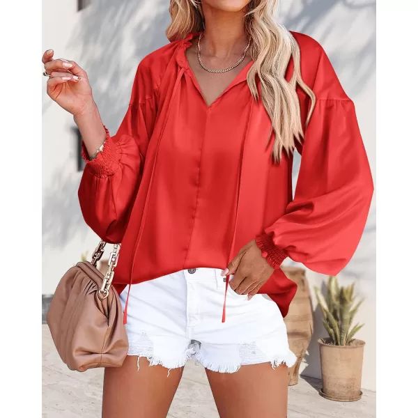 imageBTFBM Women Casual Satin Blouse Shirts Tie V Neck Long Lantern Sleeve Loose Lightweight Fashion 2023 Summer Spring TopsSolid Red