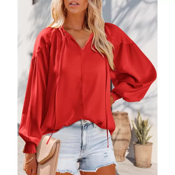 imageBTFBM Women Casual Satin Blouse Shirts Tie V Neck Long Lantern Sleeve Loose Lightweight Fashion 2023 Summer Spring TopsSolid Red