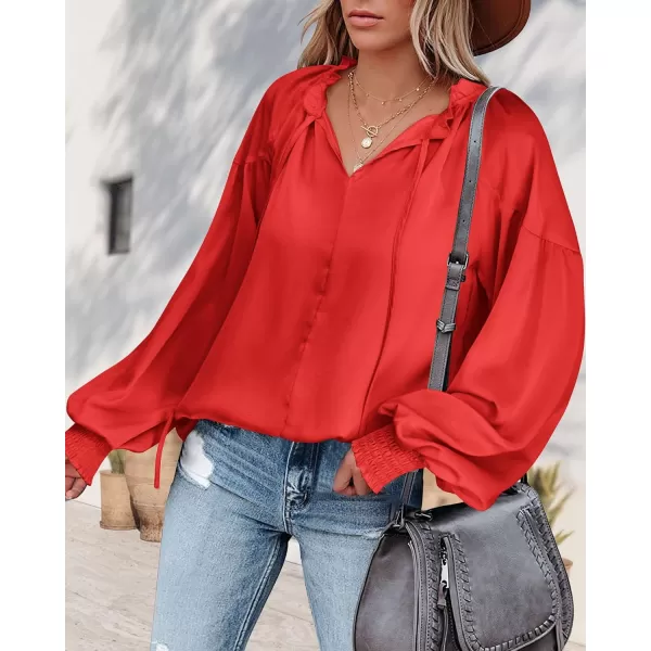 imageBTFBM Women Casual Satin Blouse Shirts Tie V Neck Long Lantern Sleeve Loose Lightweight Fashion 2023 Summer Spring TopsSolid Red