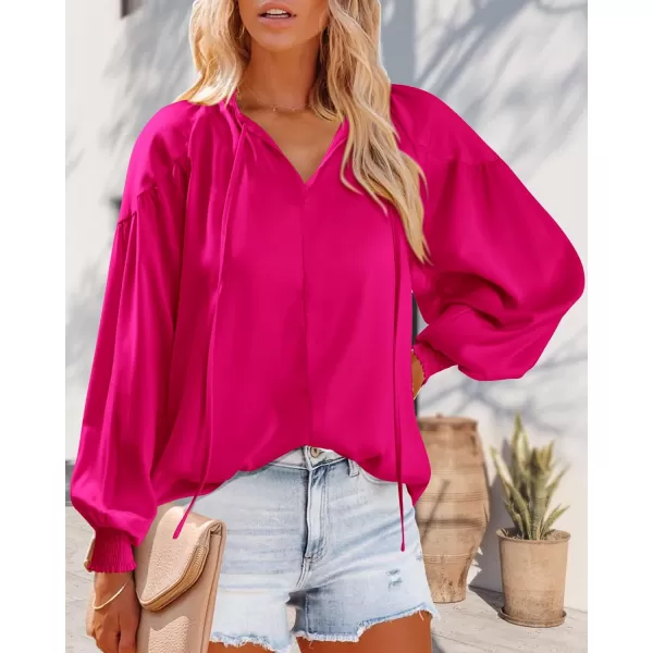 imageBTFBM Women Casual Satin Blouse Shirts Tie V Neck Long Lantern Sleeve Loose Lightweight Fashion 2023 Summer Spring TopsSolid Rose Red