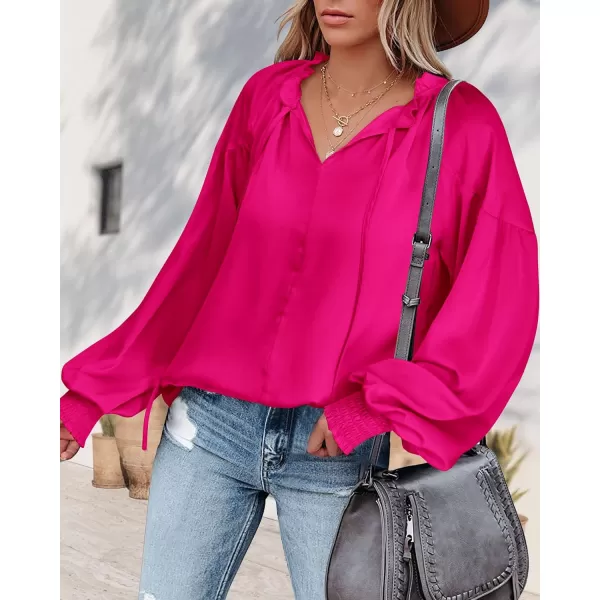 imageBTFBM Women Casual Satin Blouse Shirts Tie V Neck Long Lantern Sleeve Loose Lightweight Fashion 2023 Summer Spring TopsSolid Rose Red