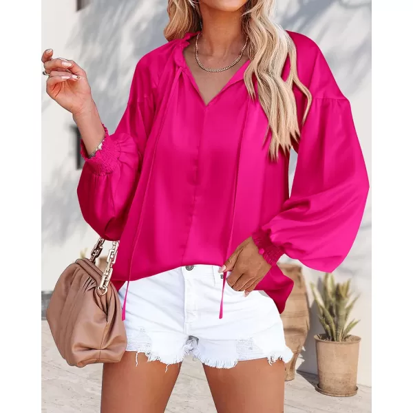 imageBTFBM Women Casual Satin Blouse Shirts Tie V Neck Long Lantern Sleeve Loose Lightweight Fashion 2023 Summer Spring TopsSolid Rose Red