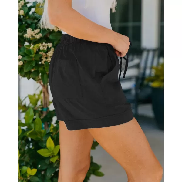 imageBTFBM Women Casual Shorts Plain Solid Color Elastic Waist Drawstring Pockets Summer Beach Lightweight Short Lounge PantsBlack