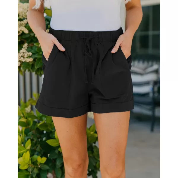 imageBTFBM Women Casual Shorts Plain Solid Color Elastic Waist Drawstring Pockets Summer Beach Lightweight Short Lounge PantsBlack