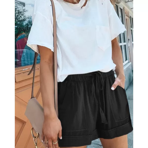 imageBTFBM Women Casual Shorts Plain Solid Color Elastic Waist Drawstring Pockets Summer Beach Lightweight Short Lounge PantsBlack