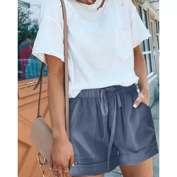 imageBTFBM Women Casual Shorts Plain Solid Color Elastic Waist Drawstring Pockets Summer Beach Lightweight Short Lounge PantsBlue