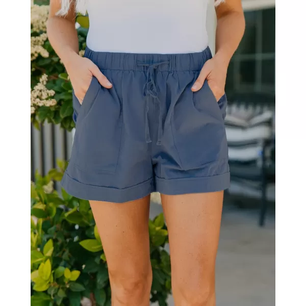 imageBTFBM Women Casual Shorts Plain Solid Color Elastic Waist Drawstring Pockets Summer Beach Lightweight Short Lounge PantsBlue