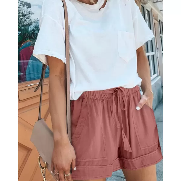 imageBTFBM Women Casual Shorts Plain Solid Color Elastic Waist Drawstring Pockets Summer Beach Lightweight Short Lounge PantsPink