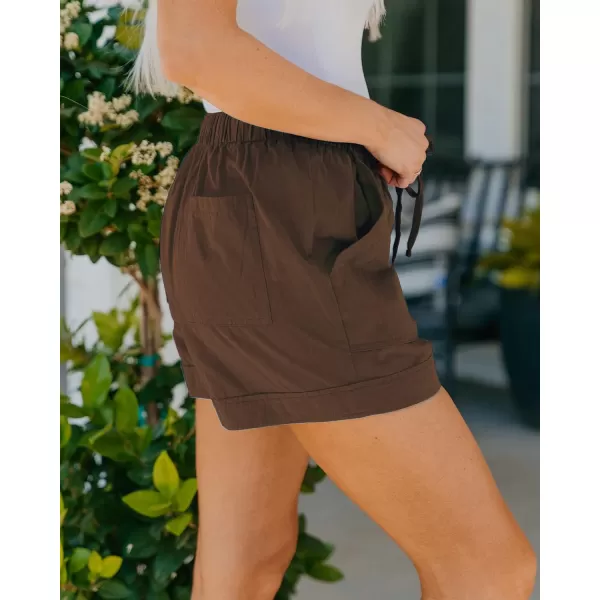 imageBTFBM Women Casual Shorts Plain Solid Color Elastic Waist Drawstring Pockets Summer Beach Lightweight Short Lounge PantsSolid Brown