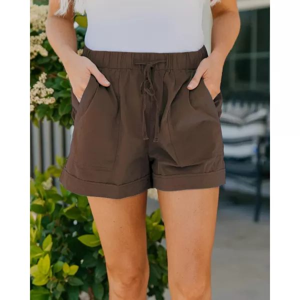 imageBTFBM Women Casual Shorts Plain Solid Color Elastic Waist Drawstring Pockets Summer Beach Lightweight Short Lounge PantsSolid Brown