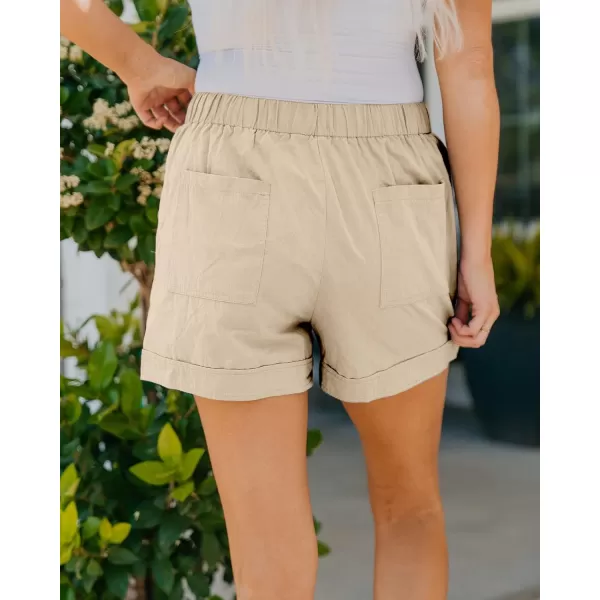 imageBTFBM Women Casual Shorts Plain Solid Color Elastic Waist Drawstring Pockets Summer Beach Lightweight Short Lounge PantsSolid Khaki