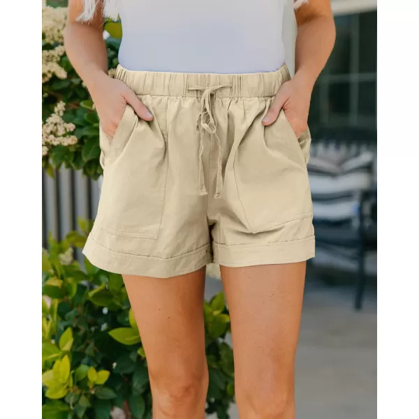 imageBTFBM Women Casual Shorts Plain Solid Color Elastic Waist Drawstring Pockets Summer Beach Lightweight Short Lounge PantsSolid Khaki