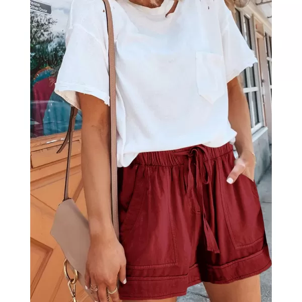 imageBTFBM Women Casual Shorts Plain Solid Color Elastic Waist Drawstring Pockets Summer Beach Lightweight Short Lounge PantsSolid Red