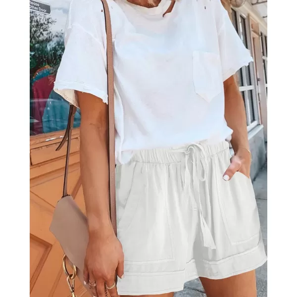 imageBTFBM Women Casual Shorts Plain Solid Color Elastic Waist Drawstring Pockets Summer Beach Lightweight Short Lounge PantsSolid White