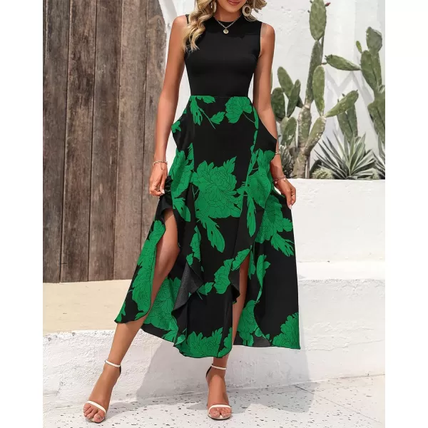 imageBTFBM Women Casual Sleeveless Summer Dresses 2023 Spring Crewneck Patchwork Boho Floral Ruffle Cocktail Party Midi DressBig Floral Green