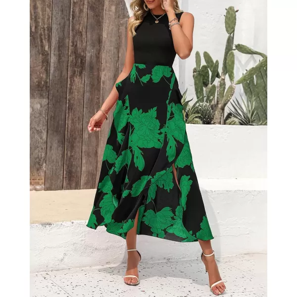 imageBTFBM Women Casual Sleeveless Summer Dresses 2023 Spring Crewneck Patchwork Boho Floral Ruffle Cocktail Party Midi DressBig Floral Green