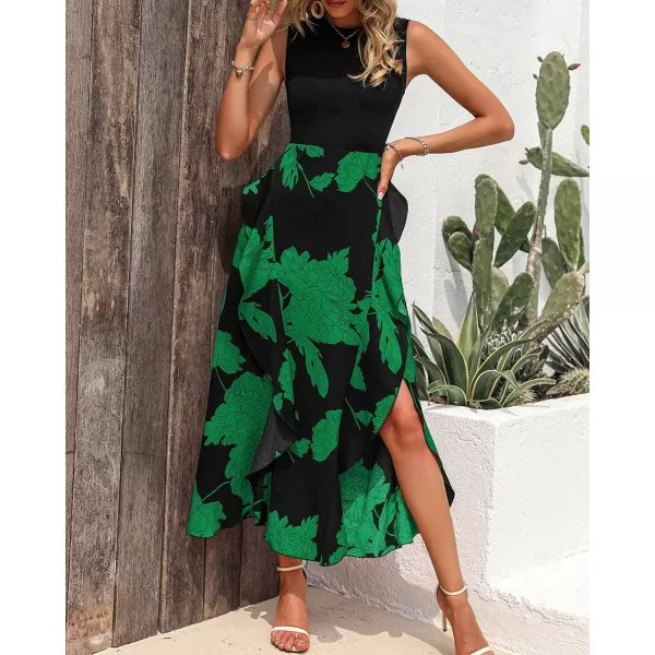 imageBTFBM Women Casual Sleeveless Summer Dresses 2023 Spring Crewneck Patchwork Boho Floral Ruffle Cocktail Party Midi DressBig Floral Green
