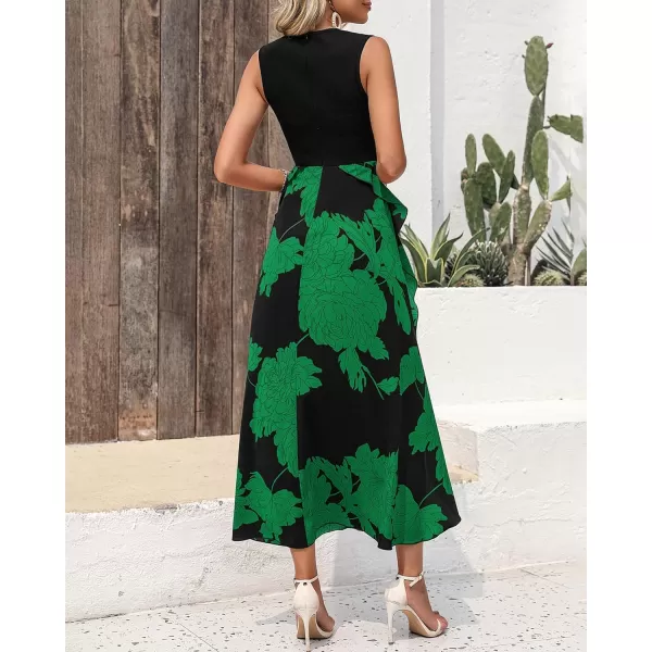 imageBTFBM Women Casual Sleeveless Summer Dresses 2023 Spring Crewneck Patchwork Boho Floral Ruffle Cocktail Party Midi DressBig Floral Green