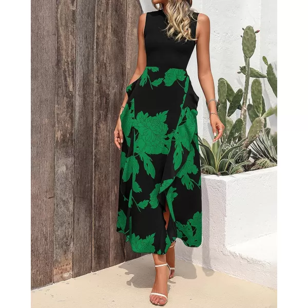 imageBTFBM Women Casual Sleeveless Summer Dresses 2023 Spring Crewneck Patchwork Boho Floral Ruffle Cocktail Party Midi DressBig Floral Green