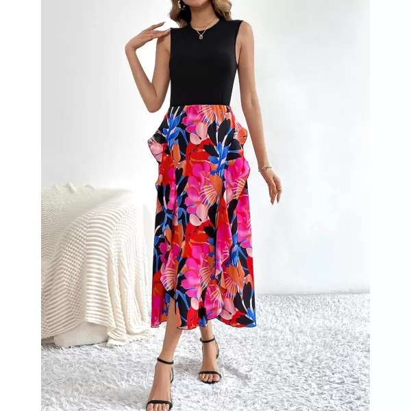 imageBTFBM Women Casual Sleeveless Summer Dresses 2023 Spring Crewneck Patchwork Boho Floral Ruffle Cocktail Party Midi DressBig Floral Multicolor